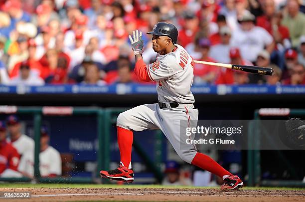 Nyjer Morgan of the Washington Nationals bats against the Philadelphia Phillies on Opening Day at Citizens Bank Park on April 12, 2010 in...