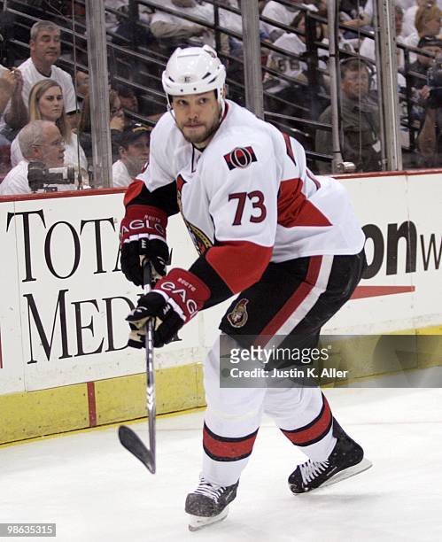 Jarkko Ruutu of the Ottawa Senators skates against the Pittsburgh Penguins in Game Five of the Eastern Conference Quarterfinals during the 2010 NHL...