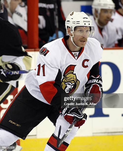 Daniel Alfredsson of the Ottawa Senators skates against the Pittsburgh Penguins in Game Five of the Eastern Conference Quarterfinals during the 2010...