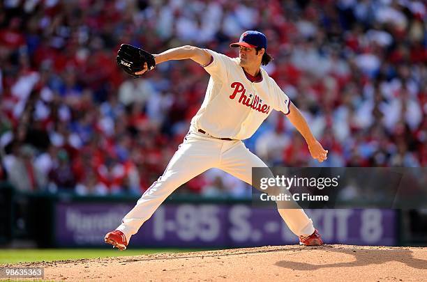 Cole Hamels of the Philadelphia Phillies pitches against the Washington Nationals on Opening Day at Citizens Bank Park on April 12, 2010 in...