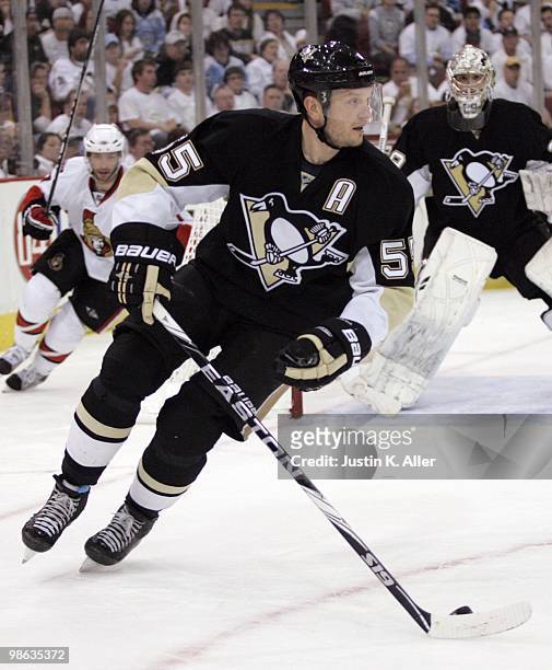 Sergei Gonchar of the Pittsburgh Penguins carries the puck up ice against the Ottawa Senators in Game Five of the Eastern Conference Quarterfinals...