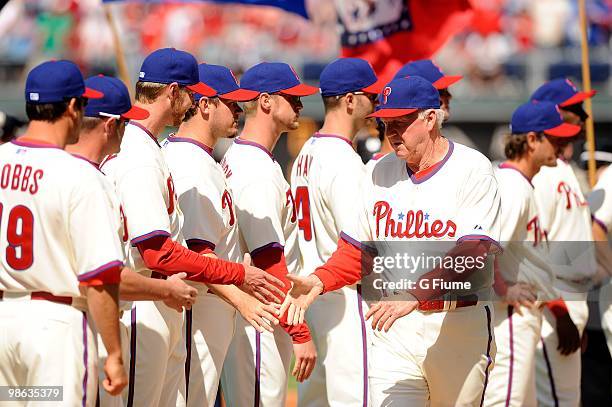 Manager Charlie Manuel of the Philadelphia Phillies is introduced before the game against the Washington Nationals on Opening Day at Citizens Bank...