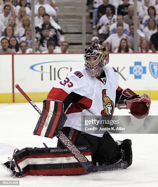 Pascal Leclaire of the Ottawa Senators defends the goal against the Pittsburgh Penguins in Game Five of the Eastern Conference Quarterfinals during...