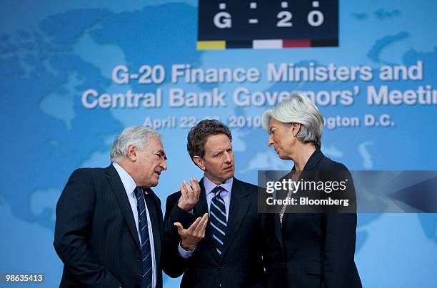 Dominique Strauss-Kahn, managing director of the International Monetary Fund , left, Timothy Geithner, U.S. Treasury secretary, center, and Christine...