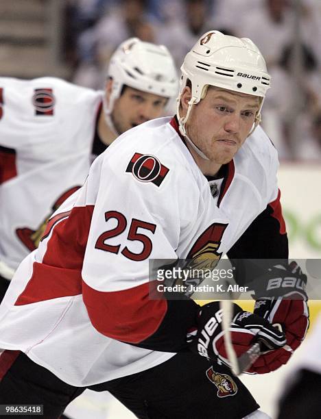Chris Neil of the Ottawa Senators skates against the Pittsburgh Penguins in Game Five of the Eastern Conference Quarterfinals during the 2010 NHL...