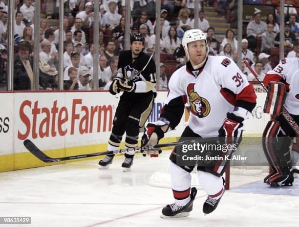 Matt Carkner of the Ottawa Senators skates against the Pittsburgh Penguins in Game Five of the Eastern Conference Quarterfinals during the 2010 NHL...