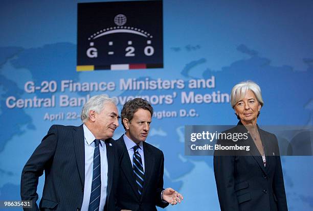 Dominique Strauss-Kahn, managing director of the International Monetary Fund , left, Timothy Geithner, U.S. Treasury secretary, center, and Christine...