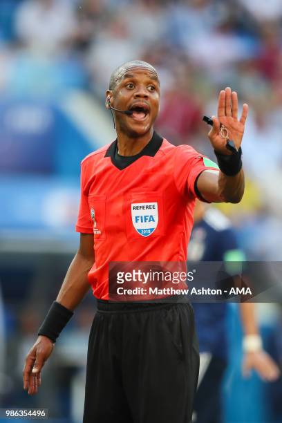 Referee Janny Sikazwe gestures during the 2018 FIFA World Cup Russia group H match between Japan and Poland at Volgograd Arena on June 28, 2018 in...