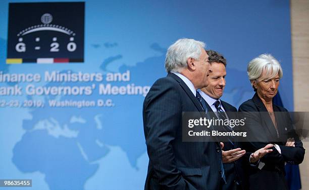 Dominique Strauss-Kahn, managing director of the International Monetary Fund , left, Timothy Geithner, U.S. Treasury secretary, center, and Christine...