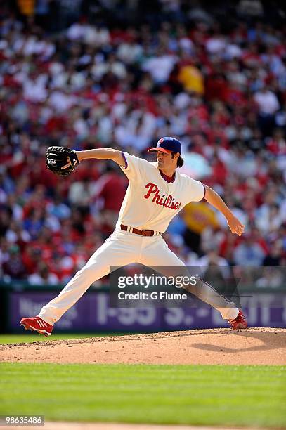 Cole Hamels of the Philadelphia Phillies pitches against the Washington Nationals on Opening Day at Citizens Bank Park on April 12, 2010 in...