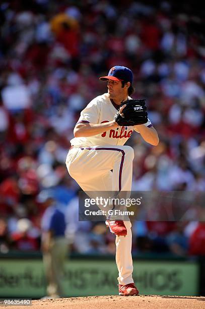 Cole Hamels of the Philadelphia Phillies pitches against the Washington Nationals on Opening Day at Citizens Bank Park on April 12, 2010 in...