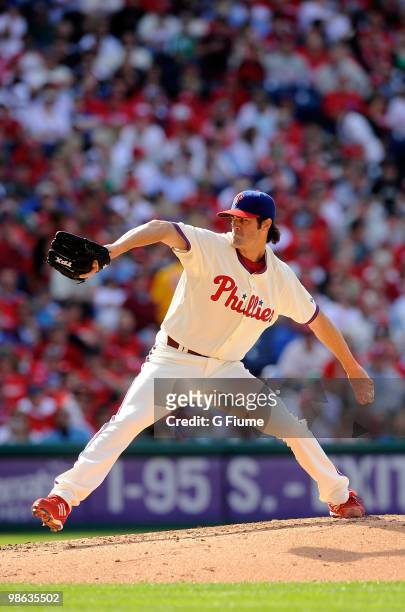 Cole Hamels of the Philadelphia Phillies pitches against the Washington Nationals on Opening Day at Citizens Bank Park on April 12, 2010 in...