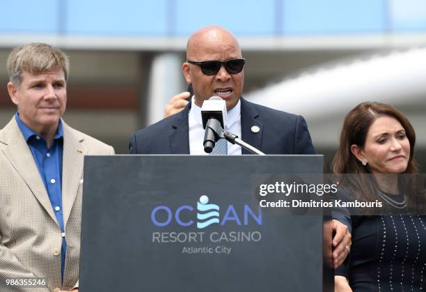 Atlantic City Mayor Frank Gilliam speaks onstage at the Ocean Resort Casino opening weekend ribbon cutting ceremony on June 28, 2018 in Atlantic...