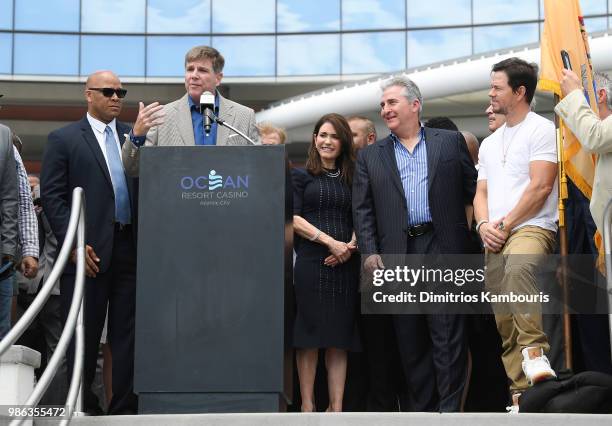 Scott Brown speaks onstage at the Ocean Resort Casino opening weekend ribbon cutting ceremony with Atlantic City Mayor Frank Gilliam, Bruce Deifik...