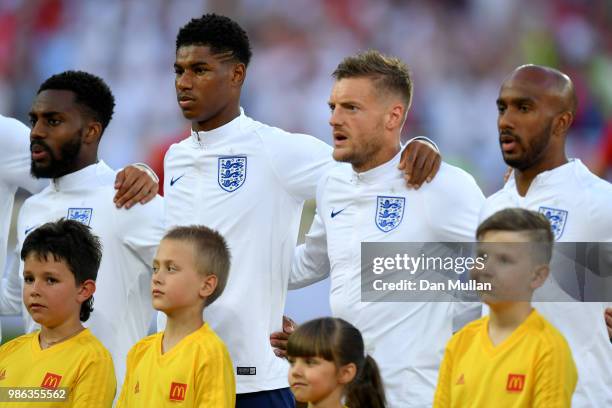 The England players line up for national anthems prior to the 2018 FIFA World Cup Russia group G match between England and Belgium at Kaliningrad...