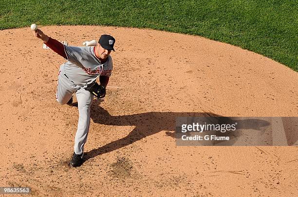 Jason Marquis of the Washington Nationals pitches against the Philadelphia Phillies on Opening Day at Citizens Bank Park on April 12, 2010 in...