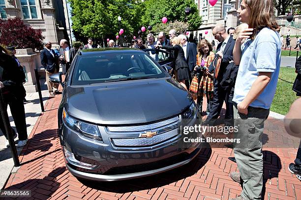 General Motors Co. Chevrolet Volt electric vehicle sits on display at the Columbia University campus in New York, U.S., on Friday, April 23, 2010. Ed...