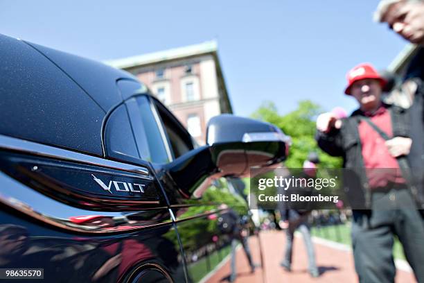 General Motors Co. Chevrolet Volt electric vehicle sits on display at the Columbia University campus in New York, U.S., on Friday, April 23, 2010. Ed...