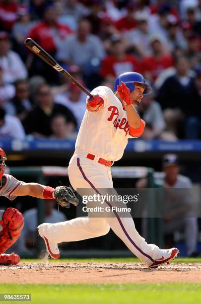Shane Victorino of the Philadelphia Phillies bats against the Washington Nationals on Opening Day at Citizens Bank Park on April 12, 2010 in...