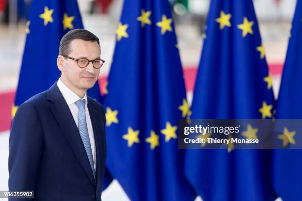 Polish Prime Minister Mateusz Morawiecki arrives for an EU Summit at European Council on June 28, 2018 in Brussels, Belgium.