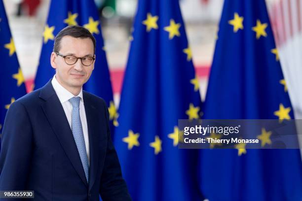 Polish Prime Minister Mateusz Morawiecki arrives for an EU Summit at European Council on June 28, 2018 in Brussels, Belgium.