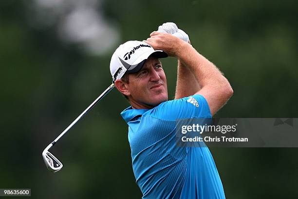 Greg Owen of England tees off on the 3rd hole during the second round of the Zurich Classic at TPC Louisiana on April 23, 2010 in Avondale, Louisiana.