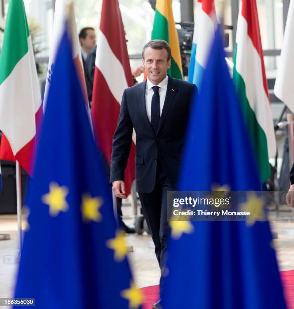 French President Emmanuel Macron arrives for an EU Summit at European Council on June 28, 2018 in Brussels, Belgium.