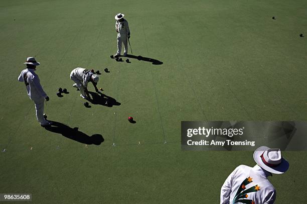 Members of the Novar Gardens Bowling club play a game on an artificial lawn March 1, 2008 in Adelaide, South Australia, Australia. The club purchased...