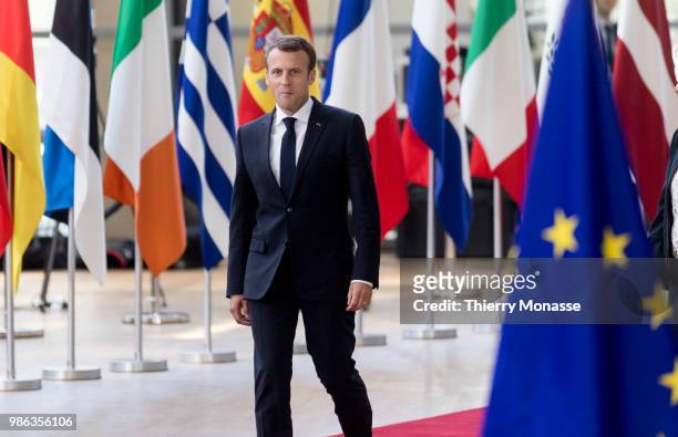 French President Emmanuel Macron arrives for an EU Summit at European Council on June 28, 2018 in Brussels, Belgium.