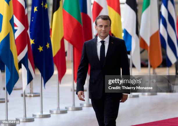 French President Emmanuel Macron arrives for an EU Summit at European Council on June 28, 2018 in Brussels, Belgium.