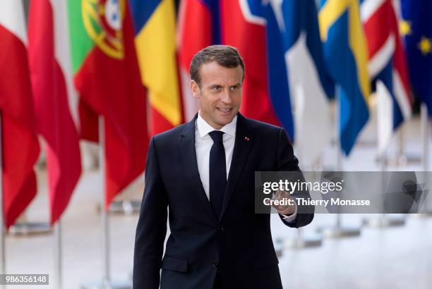 French President Emmanuel Macron arrives for an EU Summit at European Council on June 28, 2018 in Brussels, Belgium.