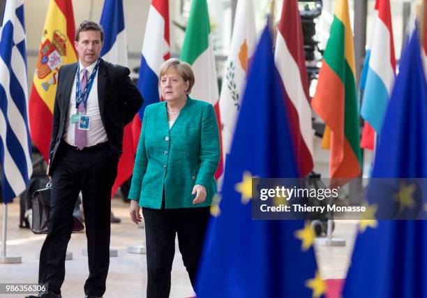 German Chancellor Angela Merkel arrives for an EU Summit at European Council on June 28, 2018 in Brussels, Belgium.