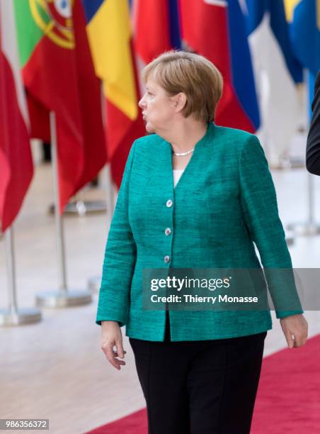 German Chancellor Angela Merkel arrives for an EU Summit at European Council on June 28, 2018 in Brussels, Belgium.