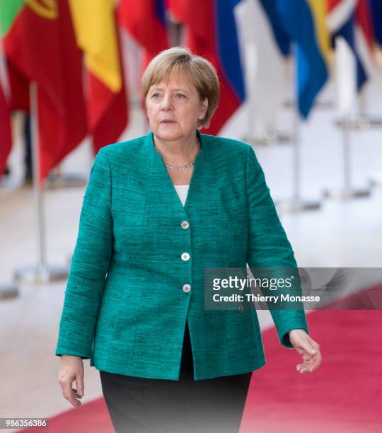 German Chancellor Angela Merkel arrives for an EU Summit at European Council on June 28, 2018 in Brussels, Belgium.