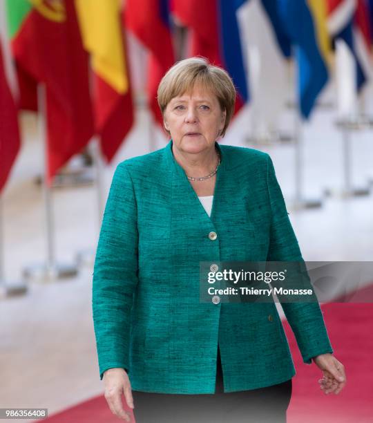 German Chancellor Angela Merkel arrives for an EU Summit at European Council on June 28, 2018 in Brussels, Belgium.