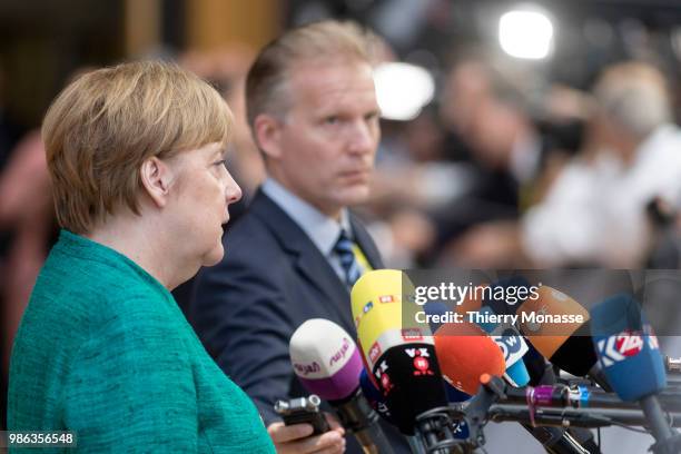 German Chancellor Angela Merkel arrives for an EU Summit at European Council on June 28, 2018 in Brussels, Belgium.