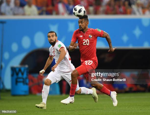 Anibal Godoy of Panama challenge for the ball with Naim Sliti of Tunisia during the 2018 FIFA World Cup Russia group G match between Panama and...