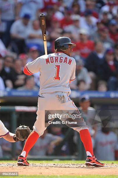 Nyjer Morgan of the Washington Nationals bats against the Philadelphia Phillies on Opening Day at Citizens Bank Park on April 12, 2010 in...