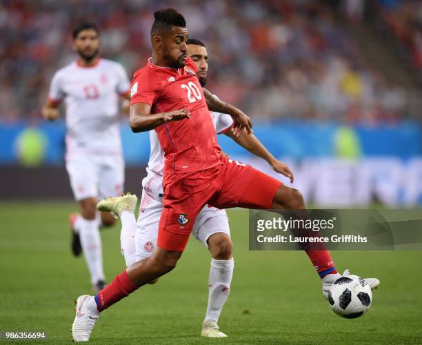 Anibal Godoy of Panama challenge for the ball with Naim Sliti of Tunisia during the 2018 FIFA World Cup Russia group G match between Panama and...