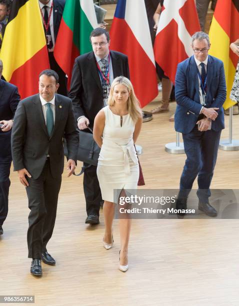 Irish Taoiseach Leo Varadkar is talking to media while he arrives for an EU Summit at European Council on June 28, 2018 in Brussels, Belgium.