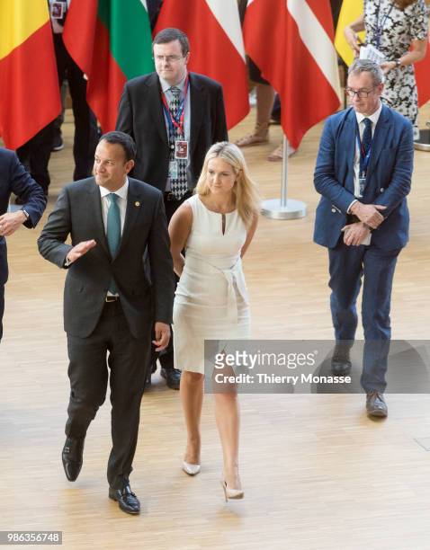 Irish Taoiseach Leo Varadkar is talking to media while he arrives for an EU Summit at European Council on June 28, 2018 in Brussels, Belgium.