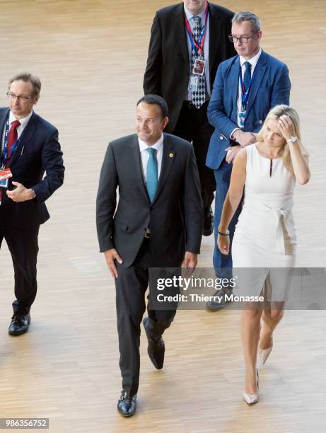 Irish Taoiseach Leo Varadkar is talking to media while he arrives for an EU Summit at European Council on June 28, 2018 in Brussels, Belgium.