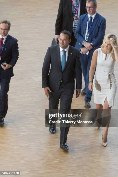 Irish Taoiseach Leo Varadkar is talking to media while he arrives for an EU Summit at European Council on June 28, 2018 in Brussels, Belgium.