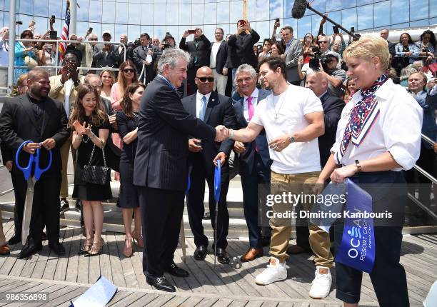 Bruce Deifik poses with Mark Wahlberg at the Ocean Resort Casino opening weekend ribbon cutting ceremony on June 28, 2018 in Atlantic City, New...