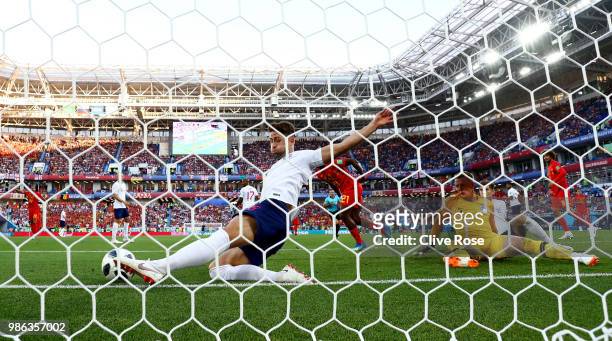 Gary Cahill of England makes an off the line clearance during the 2018 FIFA World Cup Russia group G match between England and Belgium at Kaliningrad...