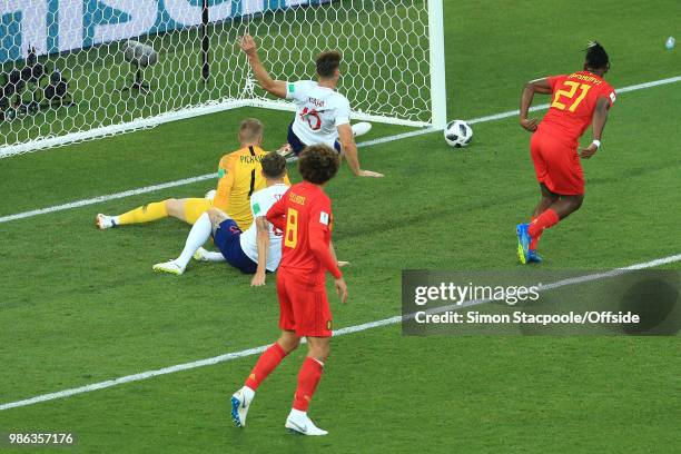 Gary Cahill of England clears the ball off the line during the 2018 FIFA World Cup Russia Group G match between England and Belgium at Kaliningrad...