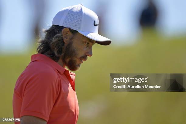 Tommy Fleetwood of England reacts during day one of the HNA Open de France at Le Golf National on June 28, 2018 in Paris, France.