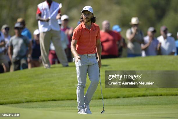 Tommy Fleetwood of England reacts during day one of the HNA Open de France at Le Golf National on June 28, 2018 in Paris, France.