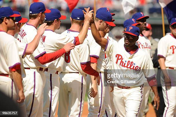 Jimmy Rollins of the Philadelphia Phillies is introduced before the game against the Washington Nationals on Opening Day at Citizens Bank Park on...