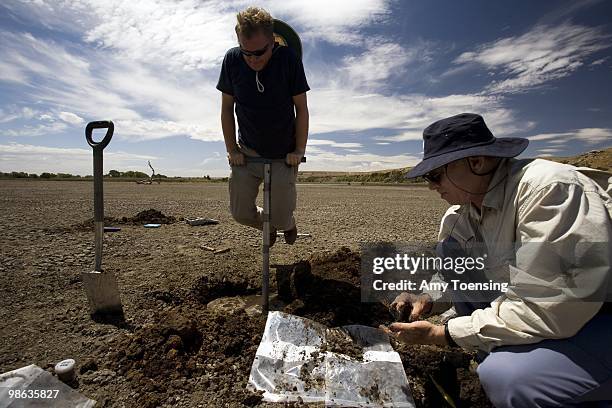 Scientists, Rob Fitzpatrick and Paul Shand take soil samples in Paiwalla Wetland February 2, 2008 in Murray Bridge, South Australia, Australia....